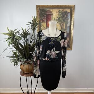 Sabora Floral Blouson Sheath Dress Medium Black Long Sleeve Stretch Boho Peasant